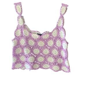 Crochet Cropped Top Sleeveless Julia by Love J Purple White Womens Size Large